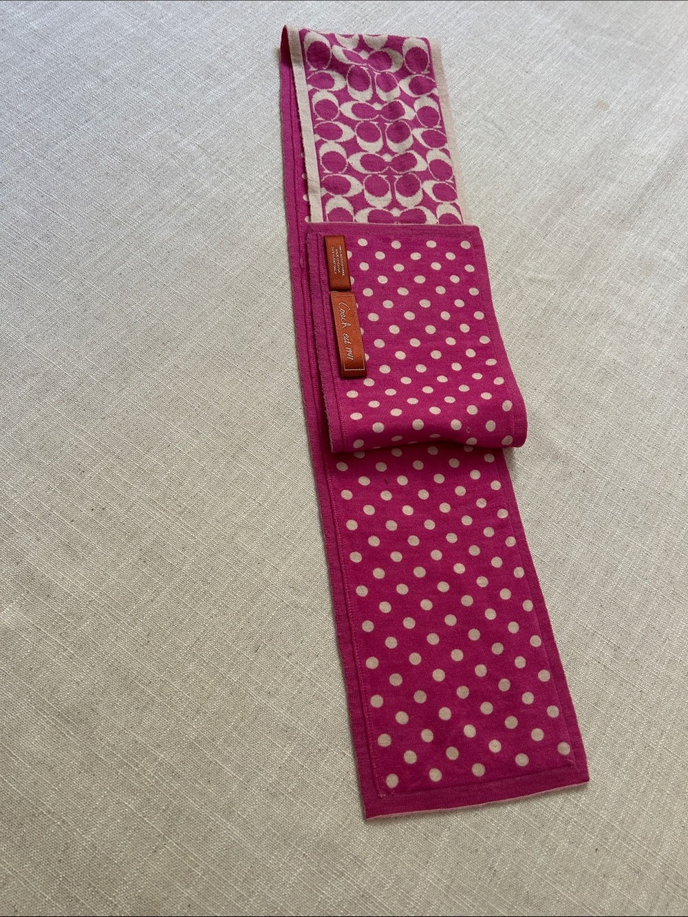 Coach Merino Wool Scarf Pink/Cream Polka Dot Reversible